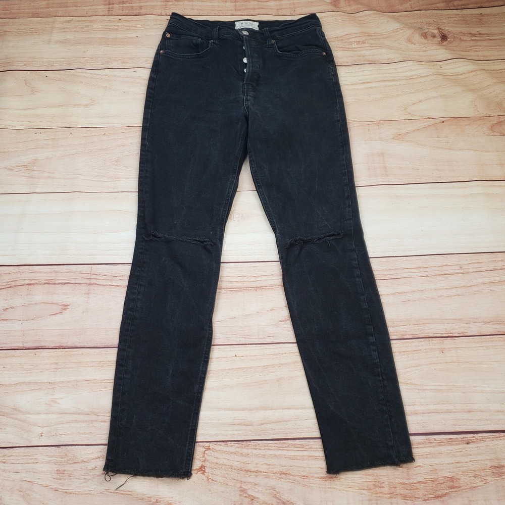 We The Free Jeans Womens 29 Black High Rise Slim Straight Distressed Crop Denim